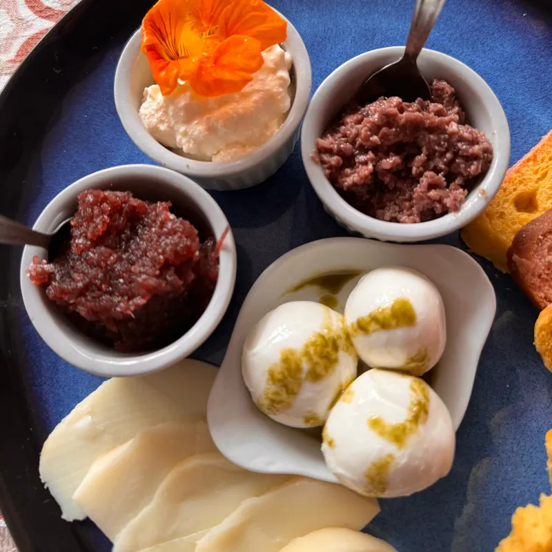 Tábua vista de cima, com potinhos de geleia, pasta e muçarela de búfala sobre prato azul